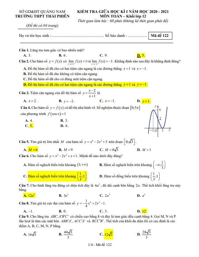Đề thi giữa HK1 Toán 12 năm 2020 2021 trường THPT Thái Phiên Quảng Nam
