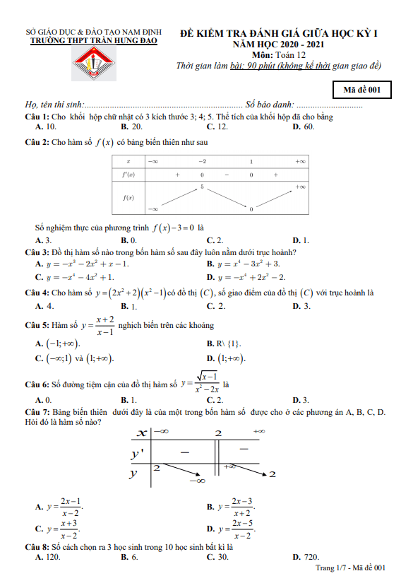 Đề thi giữa HK1 Toán 12 năm 2020 2021 trường THPT Trần Hưng Đạo Nam Định