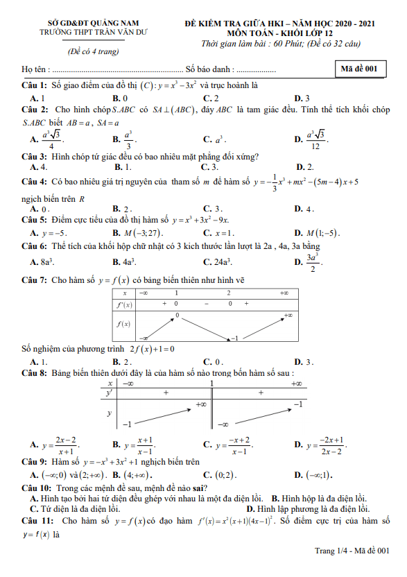 Đề thi giữa HK1 Toán 12 năm 2020 2021 trường THPT Trần Văn Dư Quảng Nam