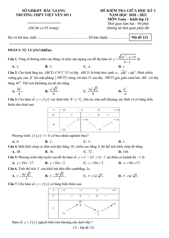 Đề thi giữa HK1 Toán 12 năm 2020 2021 trường THPT Việt Yên 1 Bắc Giang
