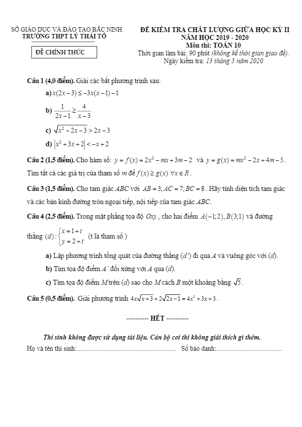 Đề thi giữa HK2 Toán 10 năm 2019 2020 trường THPT Lý Thái Tổ Bắc Ninh