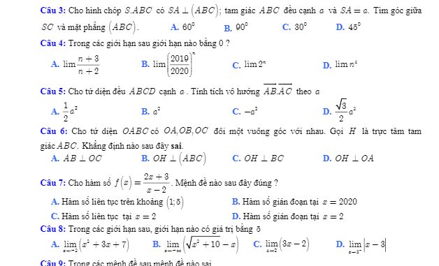 Đề thi giữa HK2 Toán 11 năm 2019 2020 trường THPT Lý Thái Tổ Bắc Ninh