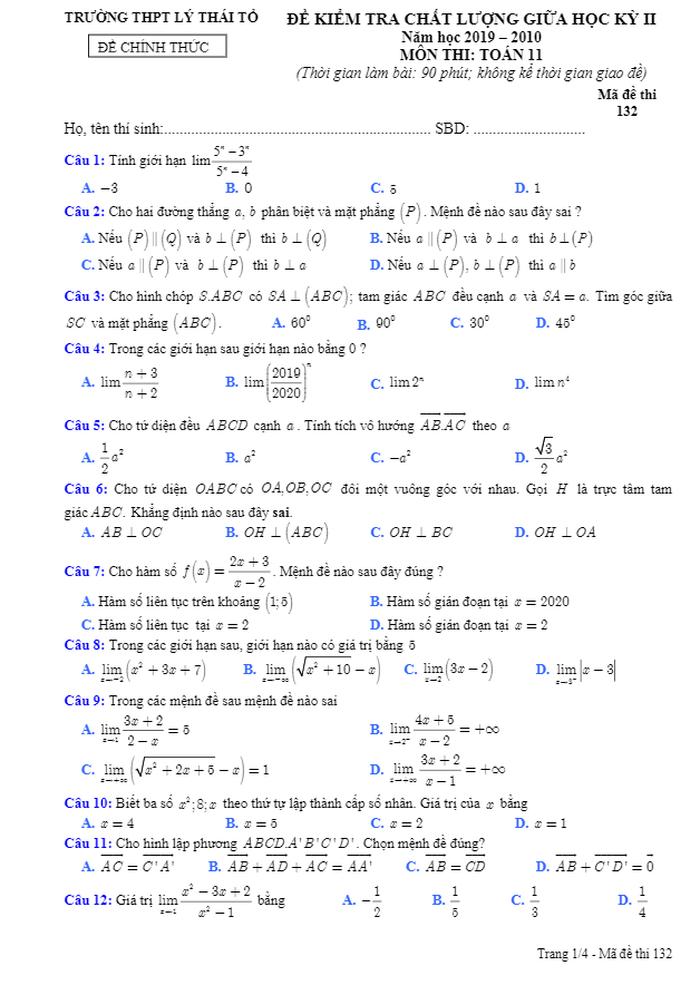 Đề thi giữa HK2 Toán 11 năm 2019 2020 trường THPT Lý Thái Tổ Bắc Ninh