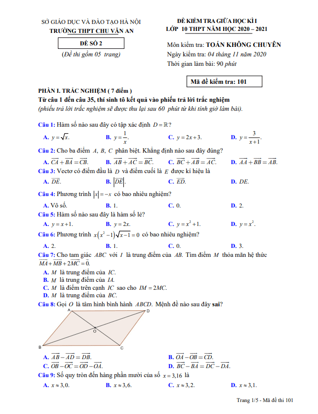 Đề thi giữa học kì 1 Toán 10 năm 2020 2021 trường THPT Chu Văn An Hà Nội