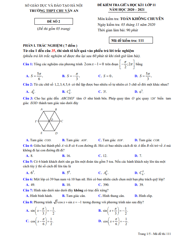Đề thi giữa học kì 1 Toán 11 năm 2020 2021 trường THPT Chu Văn An Hà Nội