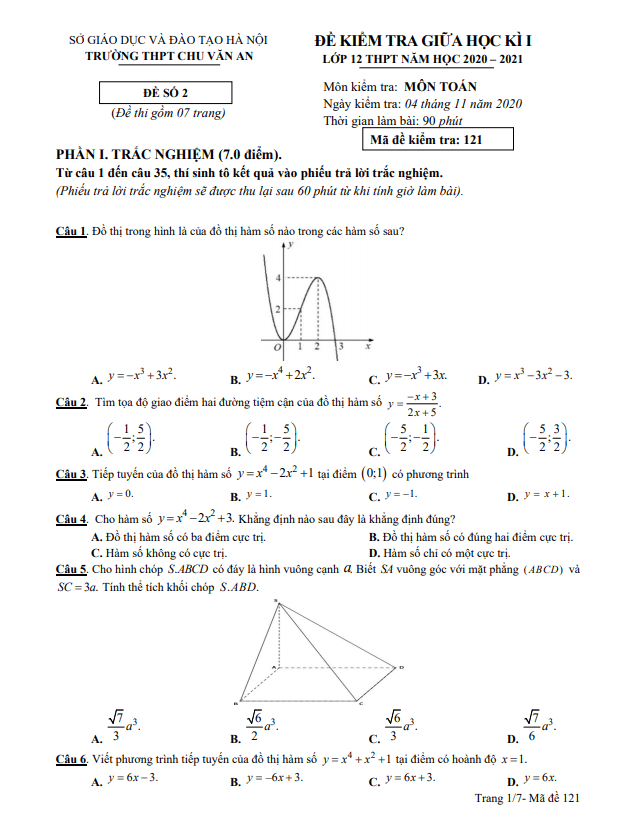 Đề thi giữa học kì 1 Toán 12 năm 2020 2021 trường THPT Chu Văn An Hà Nội