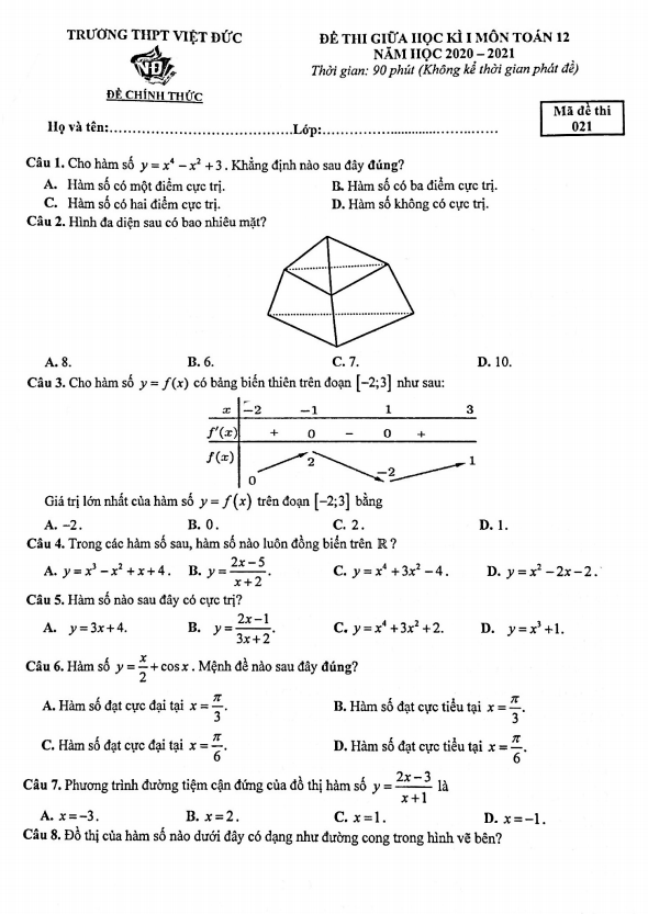 Đề thi giữa học kì 1 Toán 12 năm 2020 2021 trường THPT Việt Đức Hà Nội