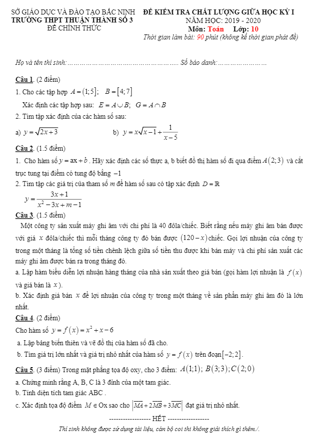 Đề thi giữa học kỳ 1 Toán 10 năm 2019 2020 trường Thuận Thành 3 Bắc Ninh