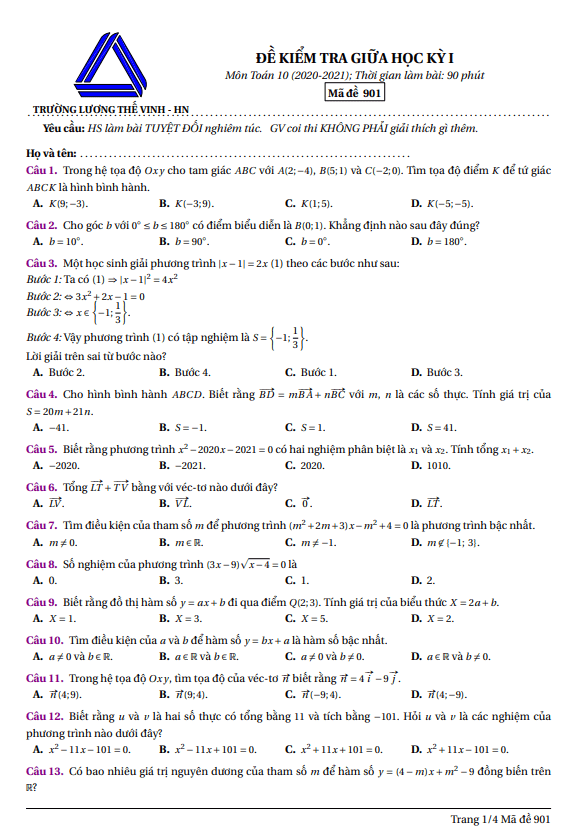 Đề thi giữa học kỳ 1 Toán 10 năm 2020 2021 trường Lương Thế Vinh Hà Nội