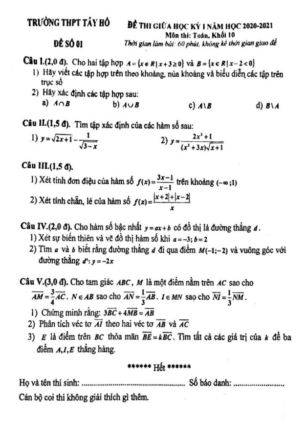 Đề thi giữa học kỳ 1 Toán 10 năm 2020 2021 trường THPT Tây Hồ Hà Nội