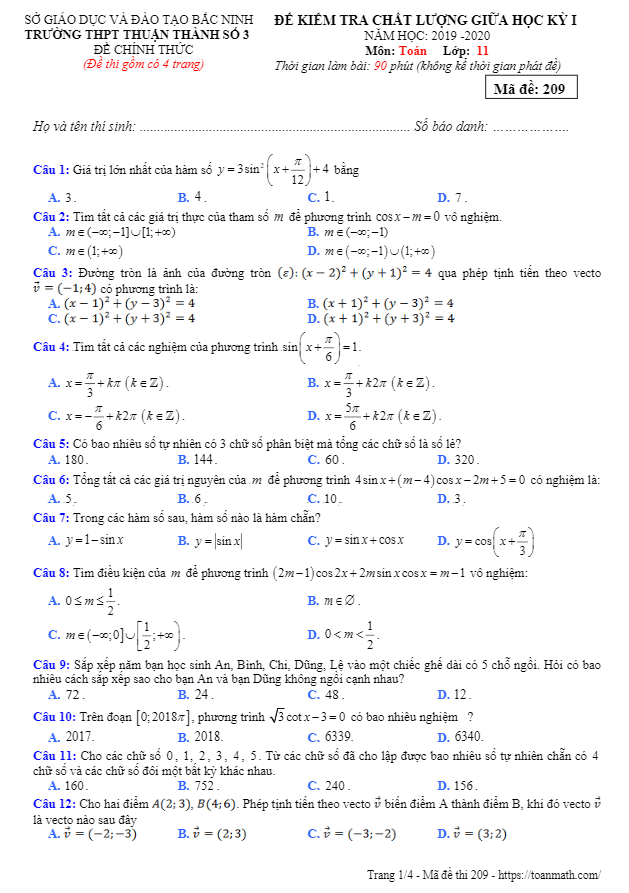 Đề thi giữa học kỳ 1 Toán 11 năm 2019 2020 trường Thuận Thành 3 Bắc Ninh
