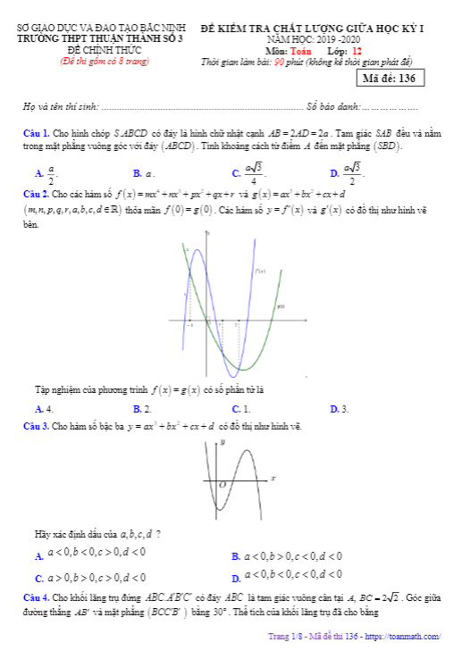 Đề thi giữa học kỳ 1 Toán 12 năm 2019 2020 trường Thuận Thành 3 Bắc Ninh