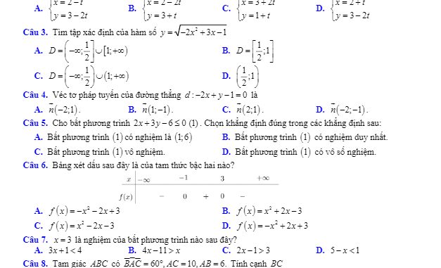 Đề thi giữa học kỳ 2 Toán 10 năm 2019 2020 trường THPT Yên Phong 1 Bắc Ninh