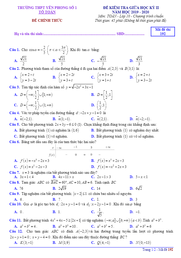 Đề thi giữa học kỳ 2 Toán 10 năm 2019 2020 trường THPT Yên Phong 1 Bắc Ninh