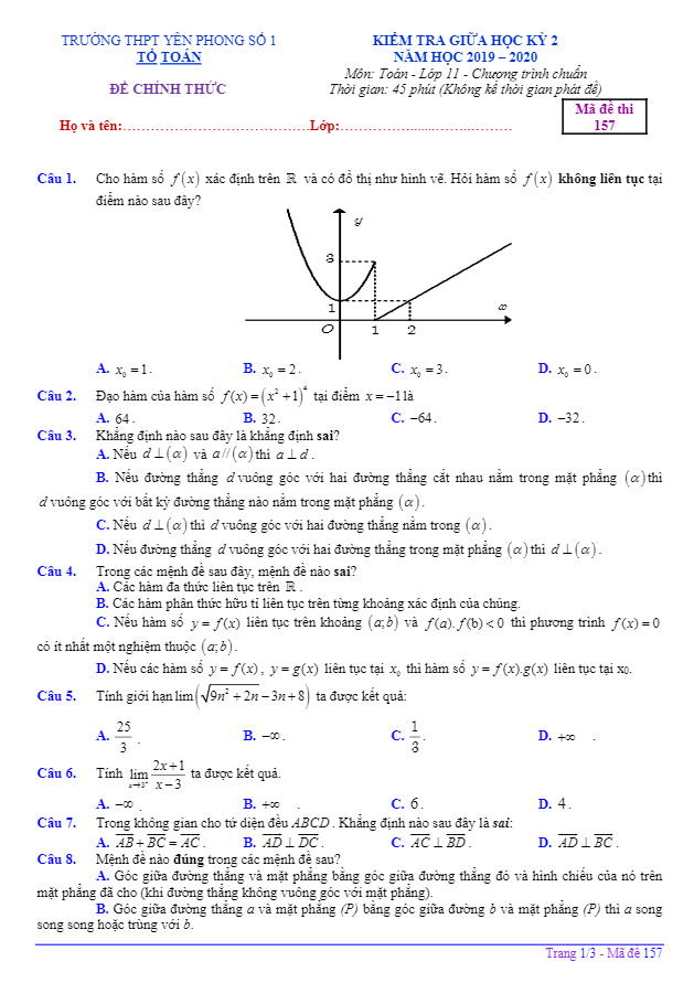 Đề thi giữa học kỳ 2 Toán 11 năm 2019 2020 trường THPT Yên Phong 1 Bắc Ninh