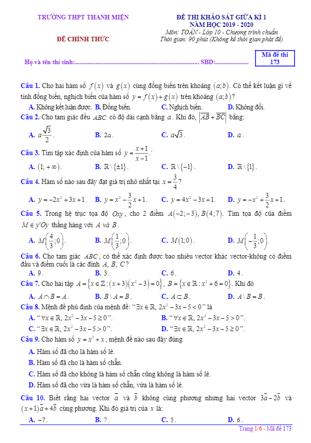 Đề thi giữa kì 1 Toán 10 năm 2019 2020 trường Thanh Miện Hải Dương