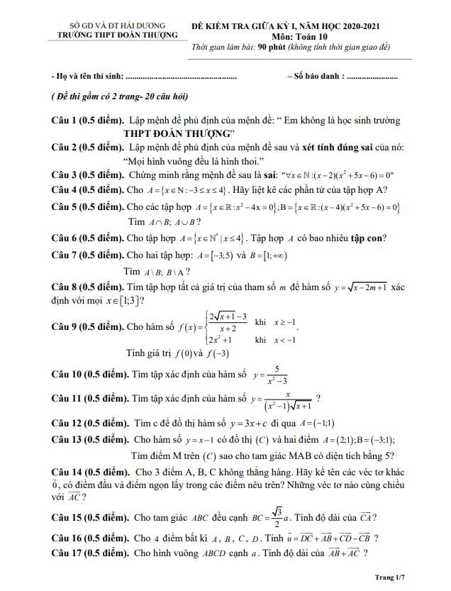 Đề thi giữa kì 1 Toán 10 năm 2020 2021 trường THPT Đoàn Thượng Hải Dương