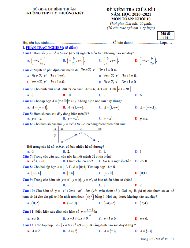 Đề thi giữa kì 1 Toán 10 năm 2020 2021 trường THPT Lý Thường Kiệt Bình Thuận