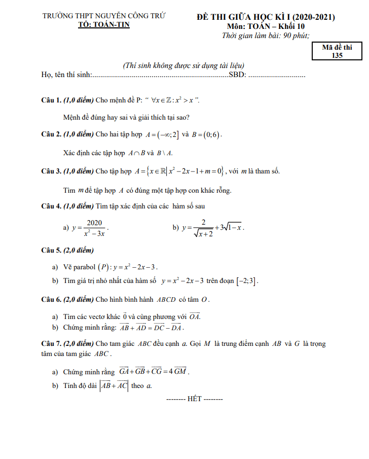Đề thi giữa kì 1 Toán 10 năm 2020 2021 trường THPT Nguyễn Công Trứ Phú Yên