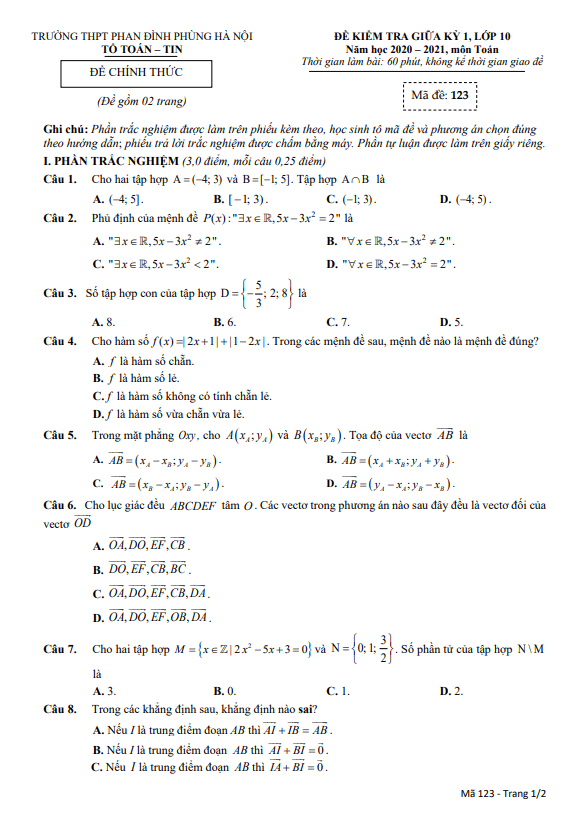 Đề thi giữa kì 1 Toán 10 năm 2020 2021 trường THPT Phan Đình Phùng Hà Nội