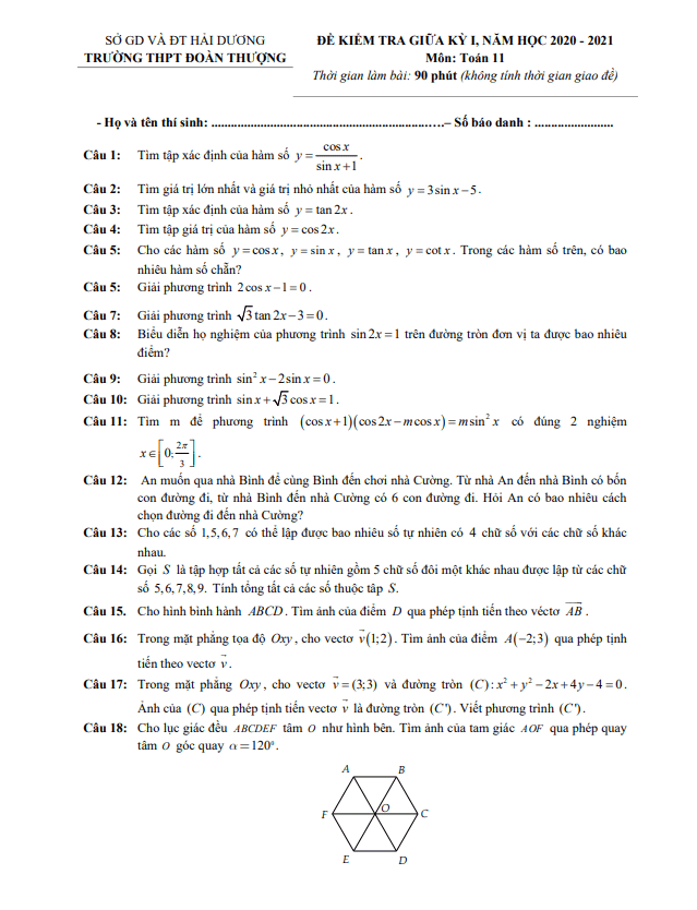 Đề thi giữa kì 1 Toán 11 năm 2020 2021 trường THPT Đoàn Thượng Hải Dương