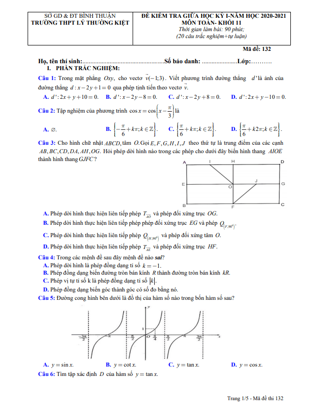 Đề thi giữa kì 1 Toán 11 năm 2020 2021 trường THPT Lý Thường Kiệt Bình Thuận