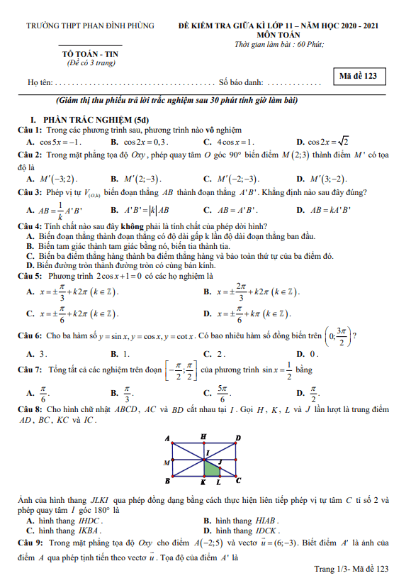 Đề thi giữa kì 1 Toán 11 năm 2020 2021 trường THPT Phan Đình Phùng Hà Nội