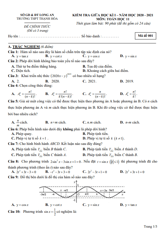 Đề thi giữa kì 1 Toán 11 năm 2020 2021 trường THPT Thạnh Hóa Long An