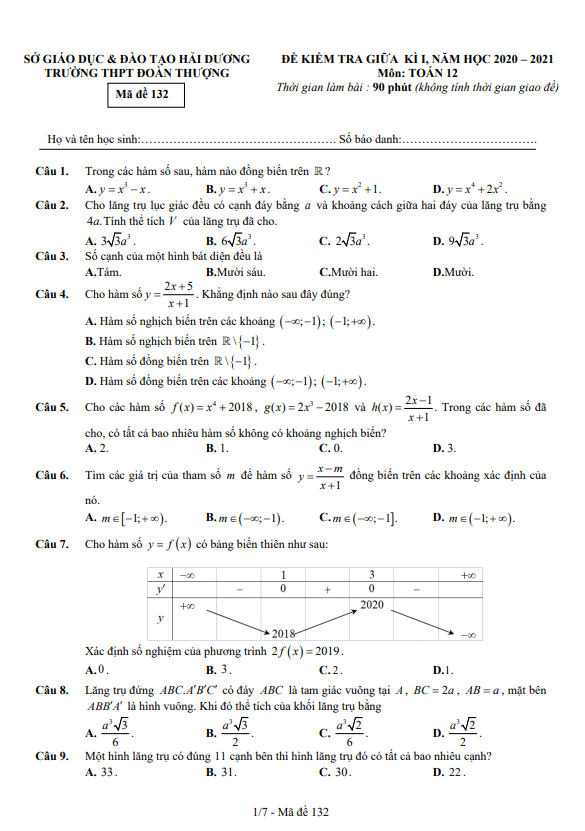 Đề thi giữa kì 1 Toán 12 năm 2020 2021 trường THPT Đoàn Thượng Hải Dương