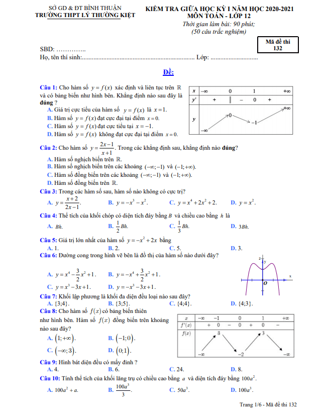 Đề thi giữa kì 1 Toán 12 năm 2020 2021 trường THPT Lý Thường Kiệt Bình Thuận