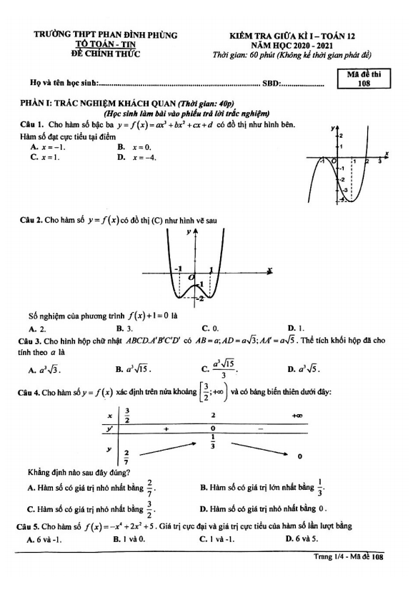 Đề thi giữa kì 1 Toán 12 năm 2020 2021 trường THPT Phan Đình Phùng Hà Nội