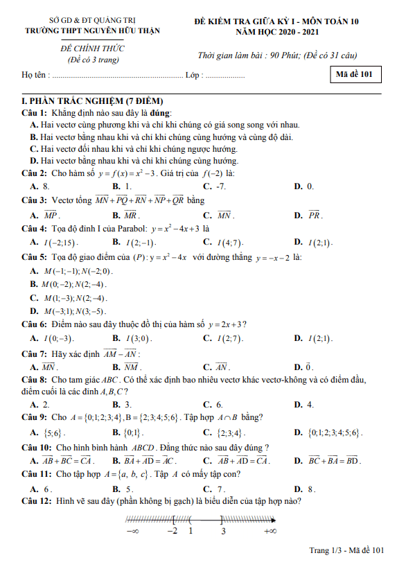 Đề thi giữa kỳ 1 Toán 10 năm 2020 2021 trường Nguyễn Hữu Thận Quảng Trị