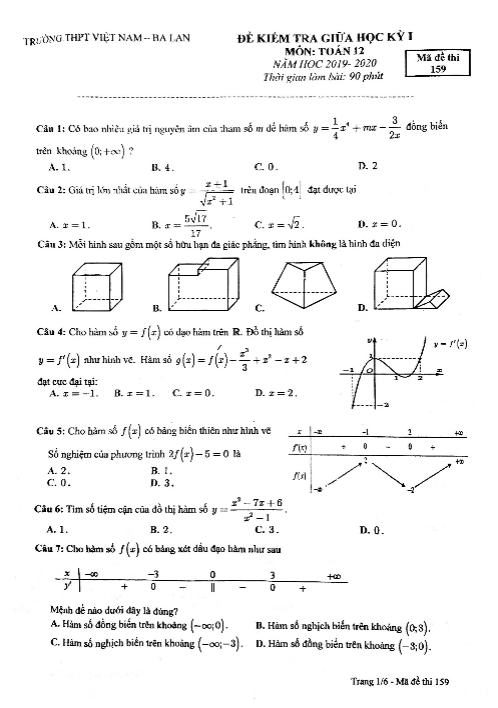 Đề thi giữa kỳ 1 Toán 12 năm 2019 2020 trường Việt Nam Ba Lan Hà Nội