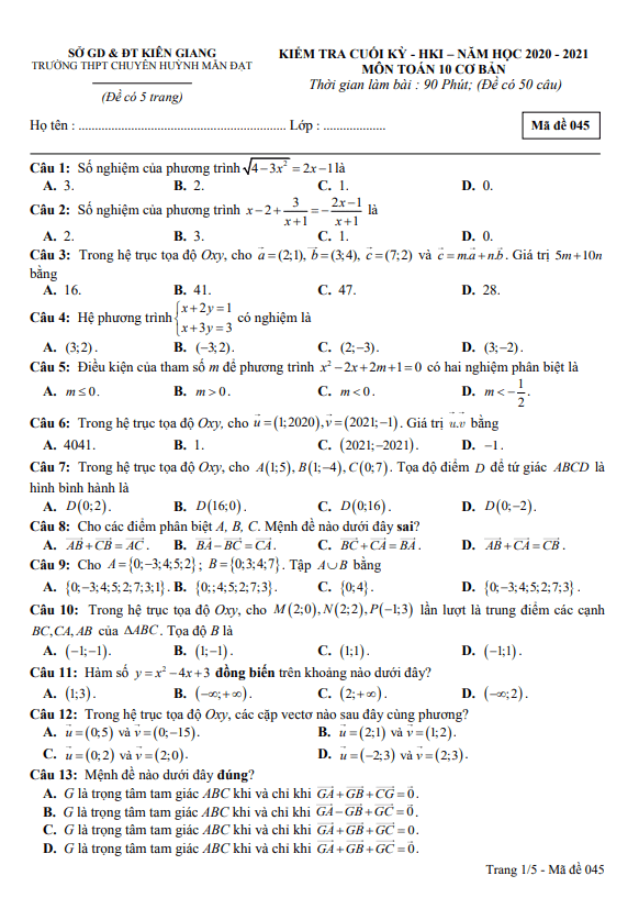 Đề thi HK1 Toán 10 cơ bản năm 2020 2021 trường chuyên Huỳnh Mẫn Đạt Kiên Giang