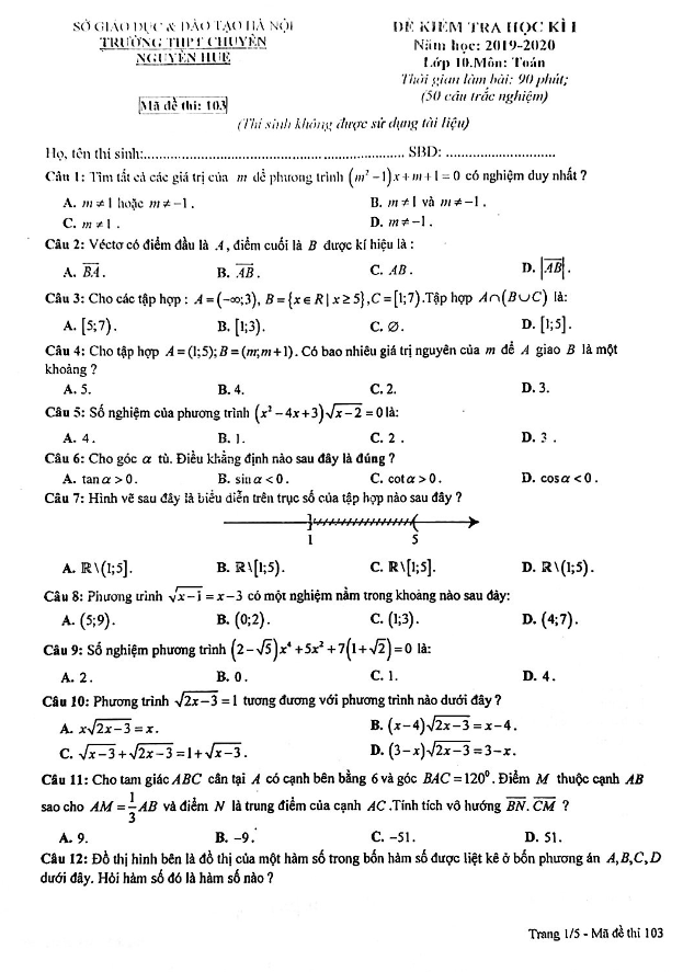 Đề thi HK1 Toán 10 năm 2019 2020 trường chuyên Nguyễn Huệ Hà Nội