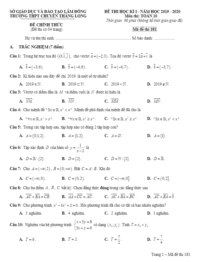 Đề thi HK1 Toán 10 năm 2019 2020 trường chuyên Thăng Long Lâm Đồng