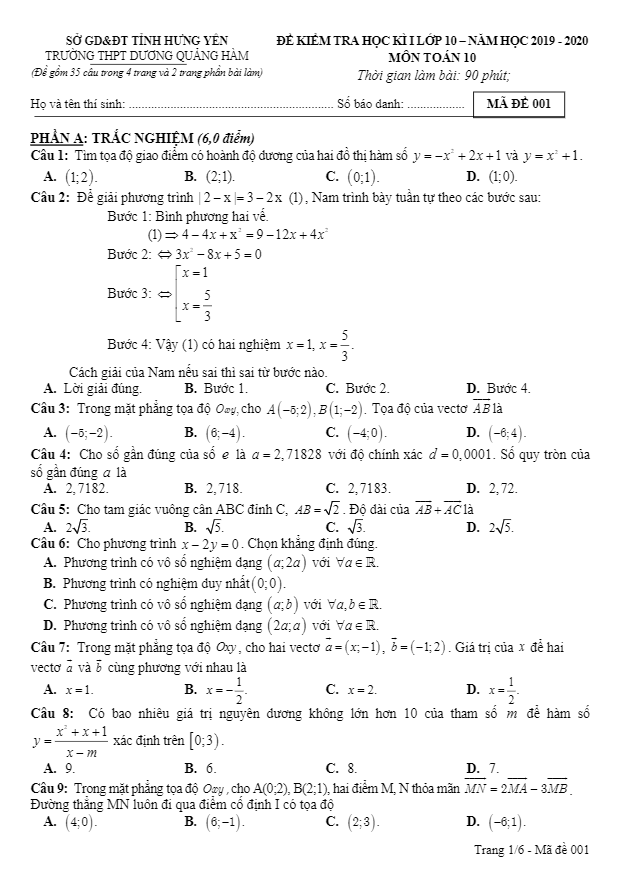 Đề thi HK1 Toán 10 năm 2019 2020 trường Dương Quảng Hàm Hưng Yên