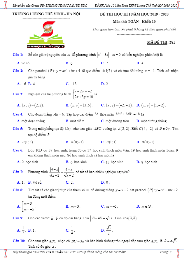 Đề thi HK1 Toán 10 năm 2019 2020 trường Lương Thế Vinh Hà Nội
