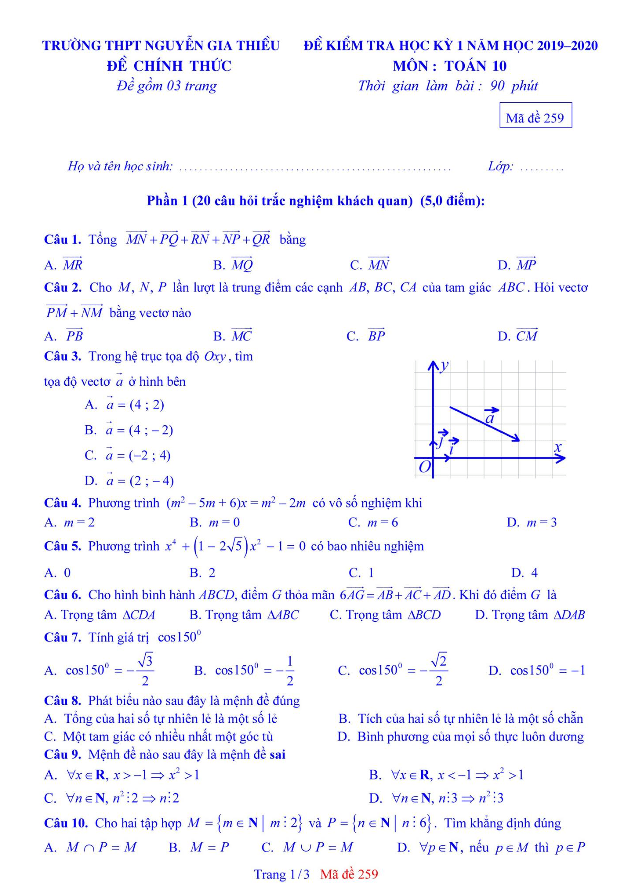 Đề thi HK1 Toán 10 năm 2019 2020 trường Nguyễn Gia Thiều Hà Nội