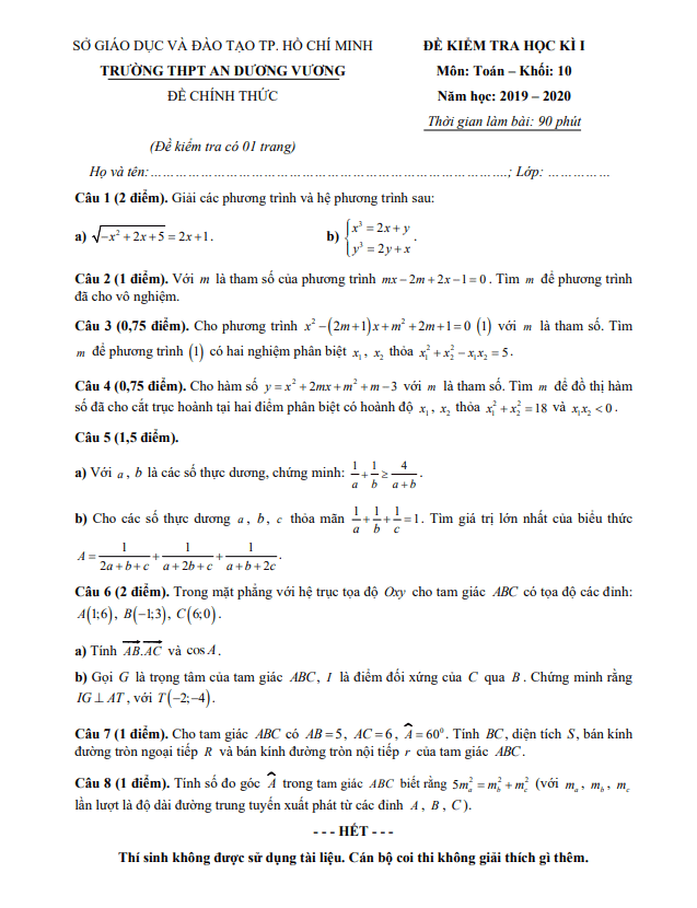 Đề thi HK1 Toán 10 năm 2019 2020 trường THPT An Dương Vương TP HCM