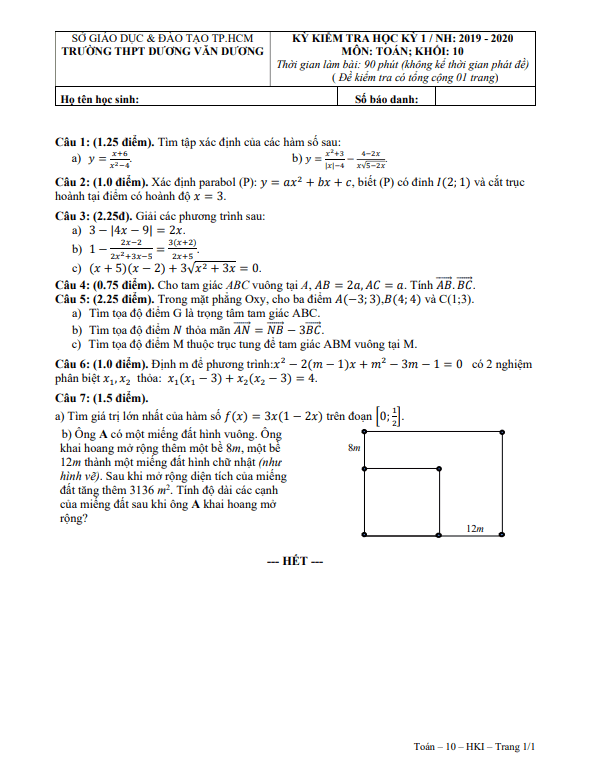 Đề thi HK1 Toán 10 năm 2019 2020 trường THPT Dương Văn Dương TP HCM