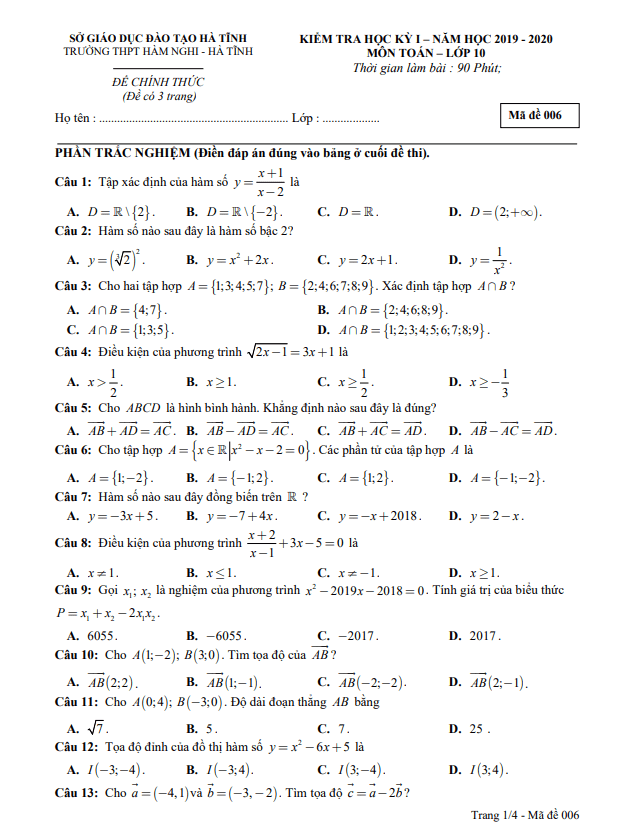 Đề thi HK1 Toán 10 năm 2019 2020 trường THPT Hàm Nghi Hà Tĩnh
