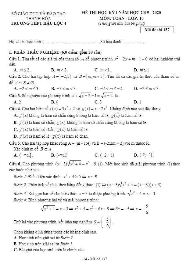 Đề thi HK1 Toán 10 năm 2019 2020 trường THPT Hậu Lộc 4 Thanh Hóa