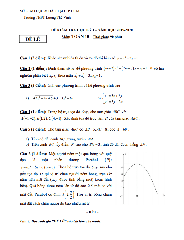 Đề thi HK1 Toán 10 năm 2019 2020 trường THPT Lương Thế Vinh TP HCM