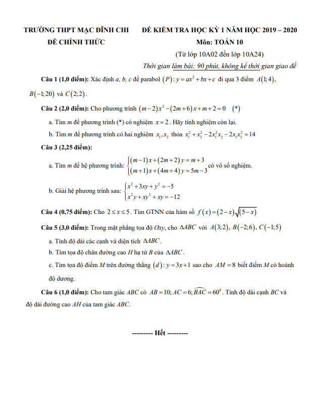 Đề thi HK1 Toán 10 năm 2019 2020 trường THPT Mạc Đĩnh Chi TP HCM