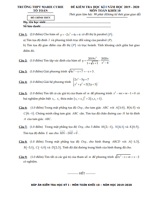 Đề thi HK1 Toán 10 năm 2019 2020 trường THPT Marie Curie TP HCM
