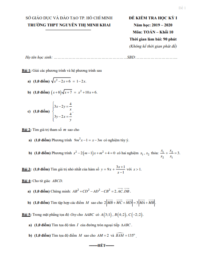 Đề thi HK1 Toán 10 năm 2019 2020 trường THPT Nguyễn Thị Minh Khai TP HCM
