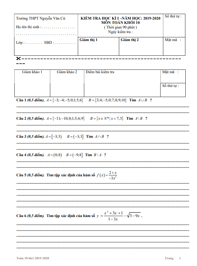 Đề thi HK1 Toán 10 năm 2019 2020 trường THPT Nguyễn Văn Cừ TP HCM