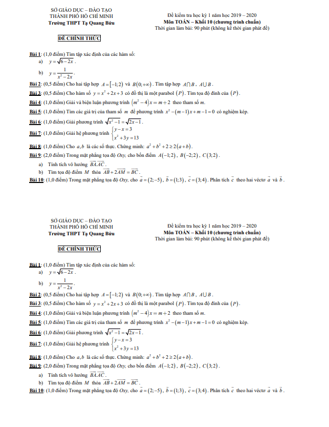 Đề thi HK1 Toán 10 năm 2019 2020 trường THPT Tạ Quang Bửu TP HCM