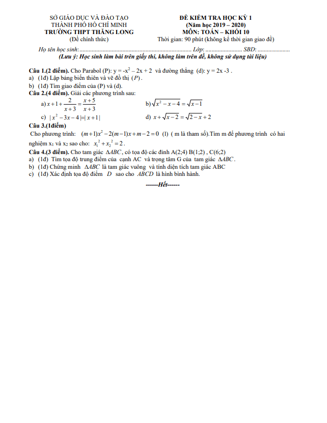 Đề thi HK1 Toán 10 năm 2019 2020 trường THPT Thăng Long TP HCM